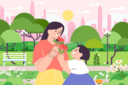鲜花公园母亲节女儿送花给妈妈插画
