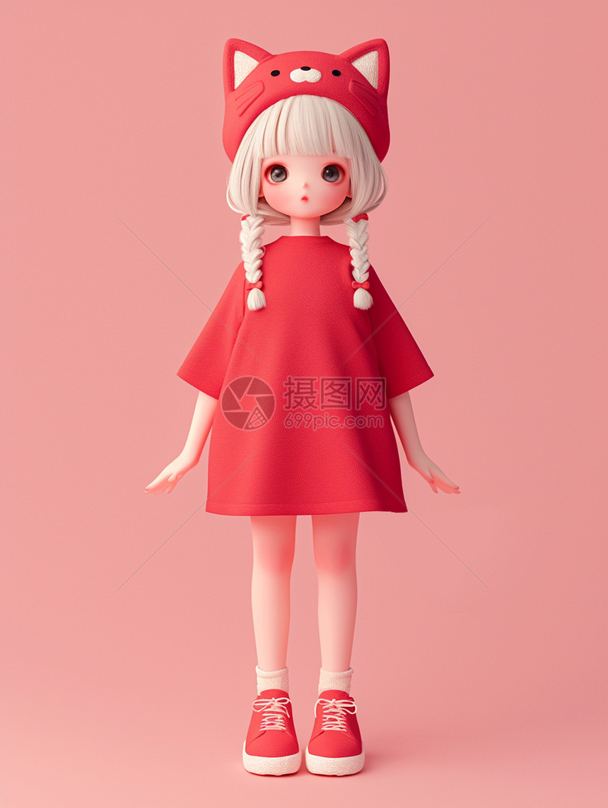 身穿红色连衣裙戴着红色猫耳朵帽子的可爱卡通小女孩图片