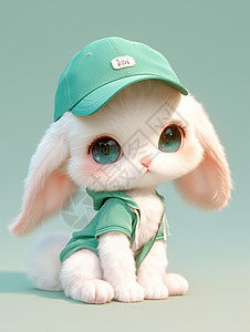 绿色立体图章头戴棒球帽的可爱卡通小兔子插画