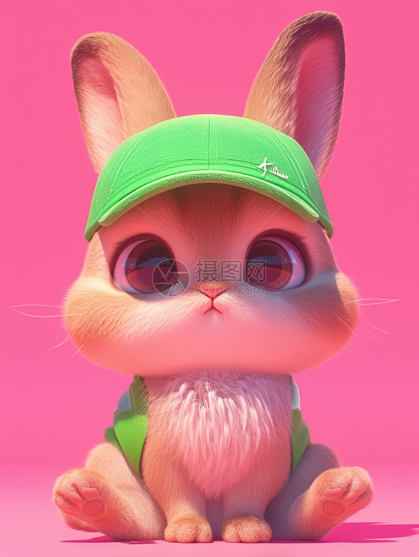 头戴绿色棒球帽的可爱卡通小兔子图片