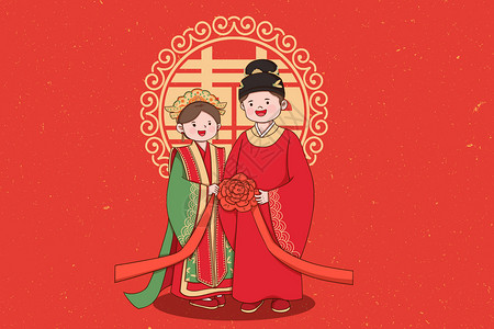 两串红色扁平风中式婚宴请帖横版插画