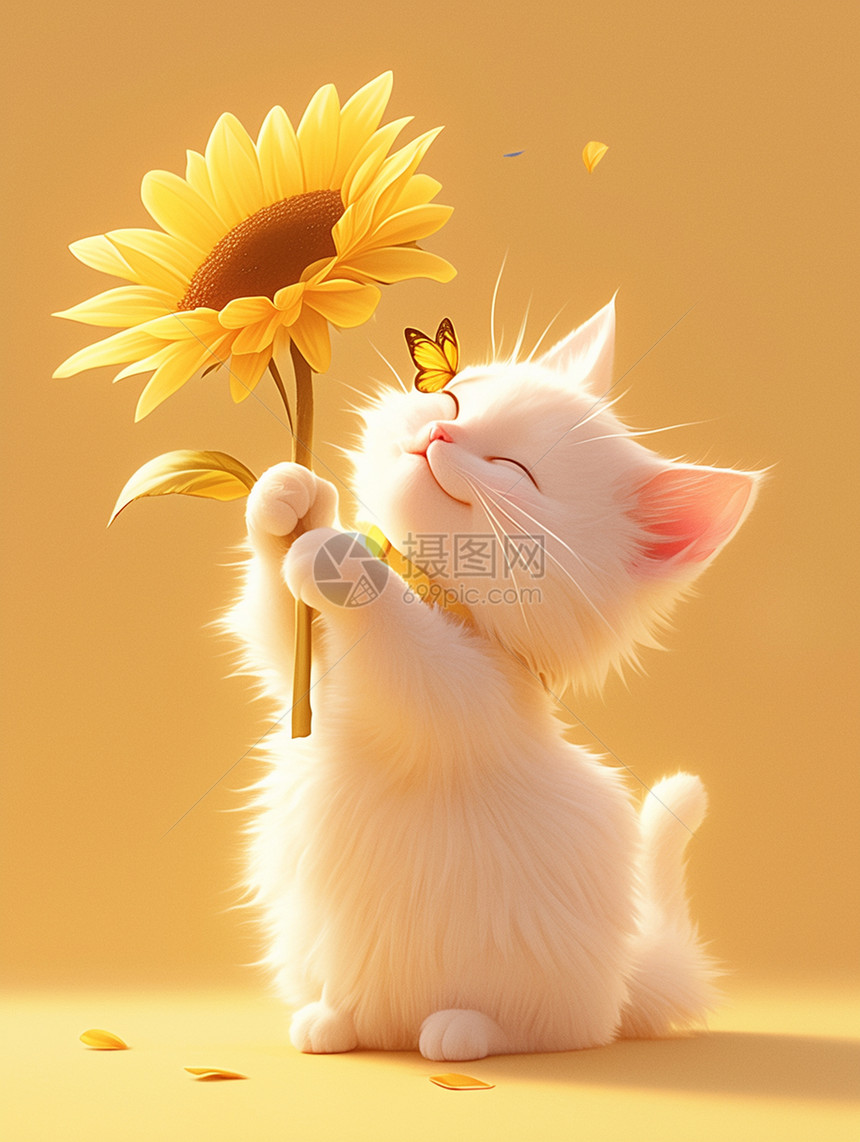 拿向日葵的可爱卡通小猫图片