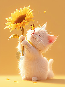 拿向日葵的可爱卡通小猫背景图片