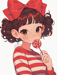 正在吃棒棒糖穿着红色条纹衫的卡通女孩插画