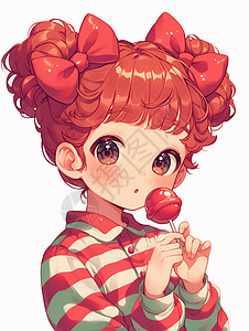 正在吃棒棒糖穿着红色条纹衫的卡通小女孩高清图片