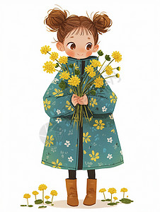 黄色大衣大眼睛可爱的卡通小女孩手捧着黄色小花插画