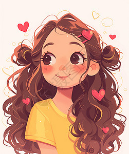 卷发女孩头像长卷发可爱的卡通女孩身穿黄色T恤插画