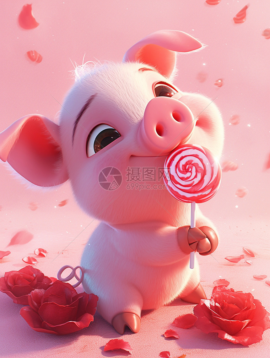 吃棒棒糖的粉色可爱卡通小猪图片