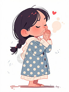 韩版长款素材穿波点长款睡衣的可爱卡通小女孩插画