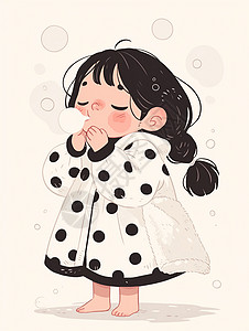 黑色长款素材穿着波点长款睡衣的可爱卡通女孩插画