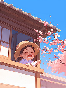 桃花笑趴在窗口开心笑欣赏桃花的小朋友插画