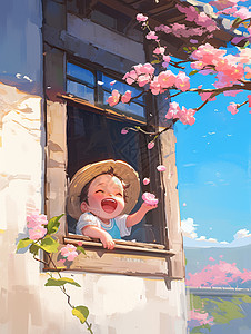 桃花笑窗口开心笑欣赏桃花的小朋友插画