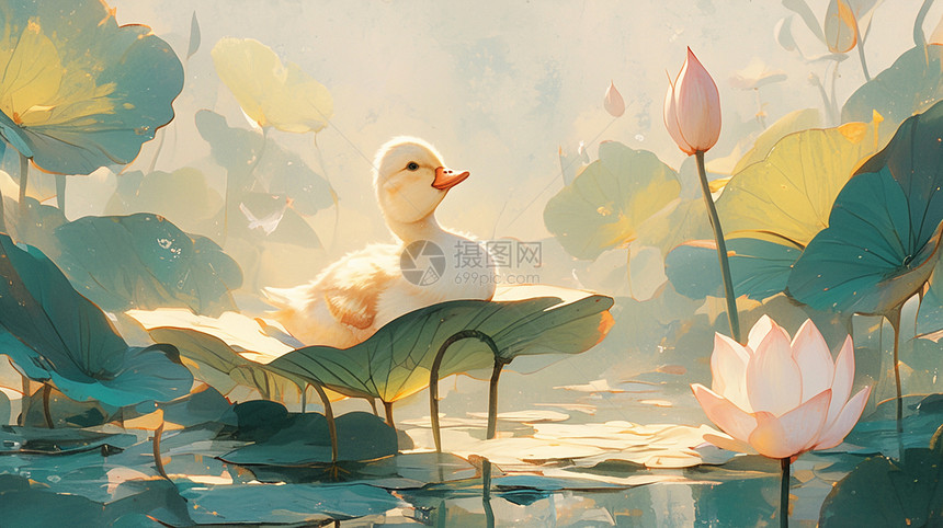 一只毛茸茸可爱的卡通小鸭子在荷花塘中图片