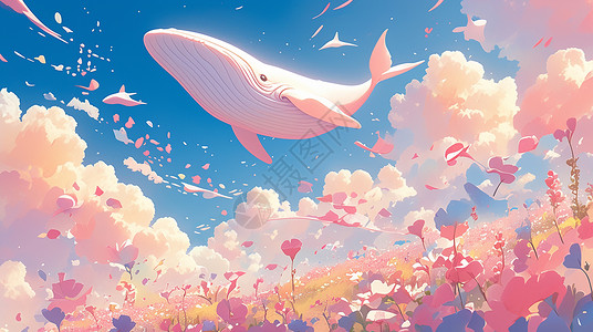 花丛上空中飞游的卡通白鲸插画