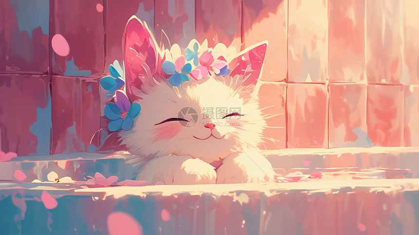 头上戴着小花的卡通白猫在泡澡图片