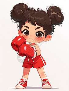 戴着红色拳击手套打拳击的卡通女孩高清图片