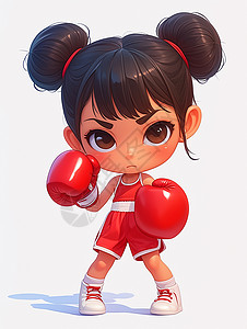 青春戴着拳击手套的活力时尚女性戴着红色拳击手套打拳击的卡通女孩插画