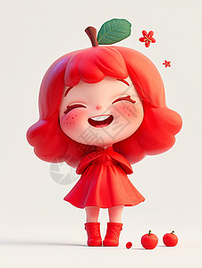 红色立体图章红苹果主题开心笑的卡通小女孩插画