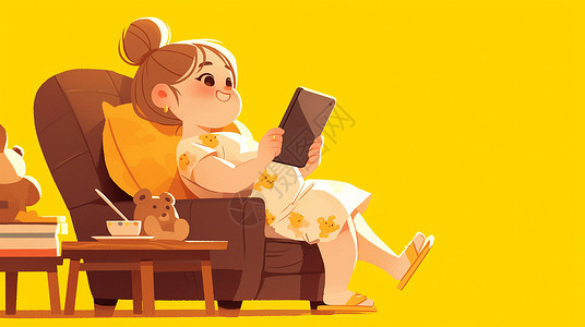 堆沙玩具坐在懒人沙发上看手机的卡通女孩插画