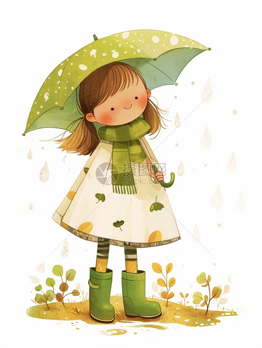 打着绿色雨伞站在雨中的卡通小女孩图片