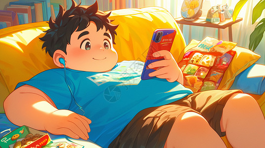 穿着蓝色T恤躺在沙发上看手机的卡通胖乎乎男孩高清图片