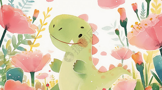 粉色恐龙在花丛中的绿色可爱卡通恐龙插画