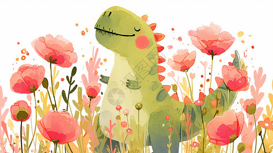粉色恐龙微笑的可爱卡通小恐龙在花丛中插画