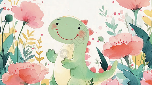 粉色恐龙可爱卡通小恐龙在花丛中插画
