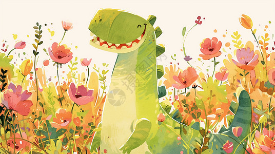 粉色恐龙微笑的绿色卡通小恐龙在花丛中插画