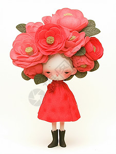头上戴着红色花朵穿红色连衣裙的小清新卡通女孩背景图片