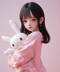 身穿粉色上衣抱着小兔子玩偶的小清新卡通小女孩背景图片