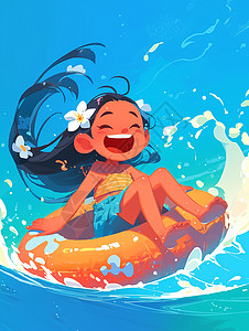 在海上在黄色游泳圈上在大海上开心玩耍的卡通女孩插画