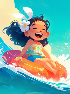卡通黄色游泳圈坐在黄色游泳圈上在海上开心玩耍的卡通女孩插画