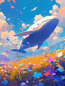 在空中飞游的卡通白鲸背景图片