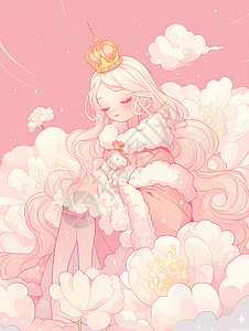 坐在云朵花丛中的的梦幻长发卡通小公主高清图片