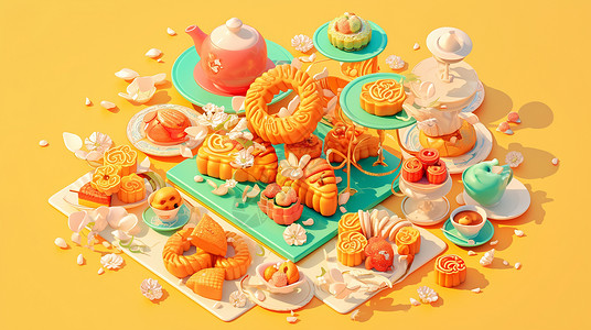 美食甜品宣传单一桌丰盛的卡通古风糕点插画