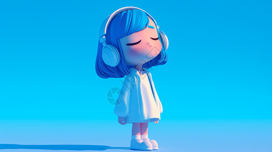 时尚蓝色背景戴耳麦听音乐的卡通小女孩插画