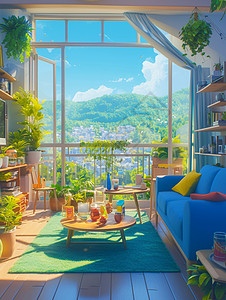 萨满满是植物的卡通客厅中放着蓝色沙发插画