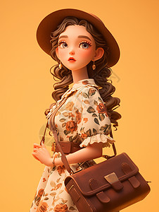 复古包身穿碎花连衣裙头戴帽子的卡通女孩背着斜跨包插画