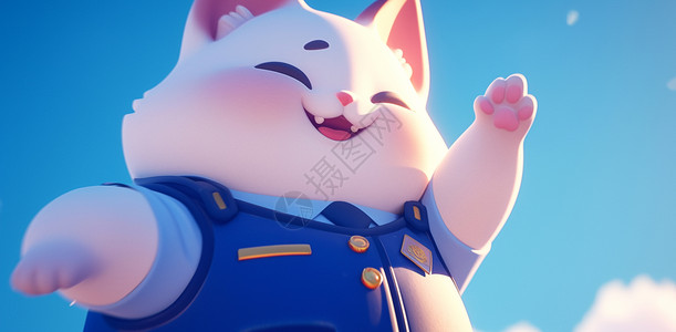 可爱大肥猫穿蓝色警服的卡通胖乎乎大白猫插画