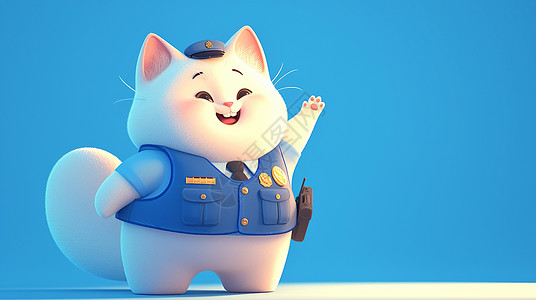 白猫警察穿着蓝色警服的卡通胖嘟嘟大白猫插画