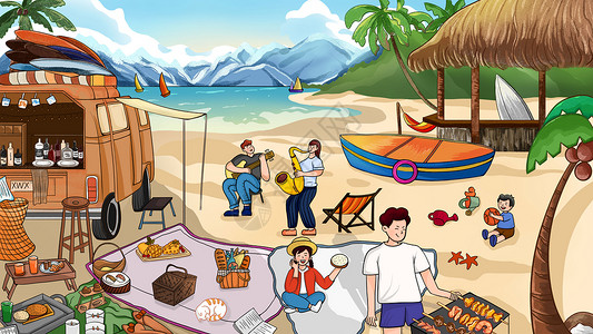 夏日海边露营烧烤聚餐背景图片