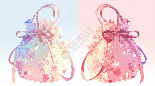 女士包两个系着蝴蝶结的碎花女士手提包插画