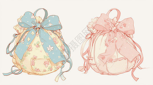 女式手提包两个系着蝴蝶结的碎花卡通手提包插画