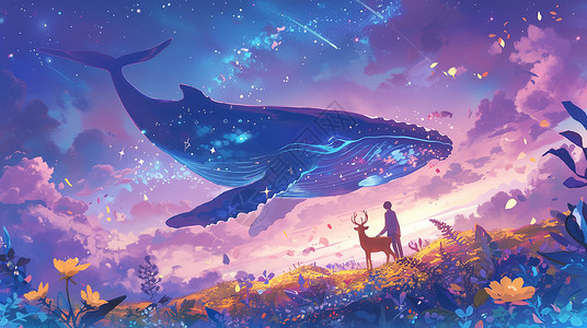 七天游空中飞游的卡通大鲸鱼与草地上一只鹿插画