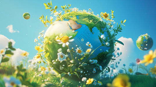 地球上绿植空中一个悬浮科幻的绿色地球插画