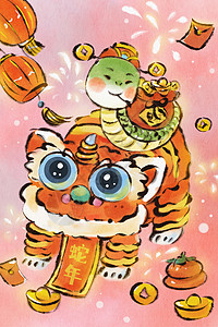 新年猪舞狮子手绘水墨蛇年与舞狮可爱治愈插画插画