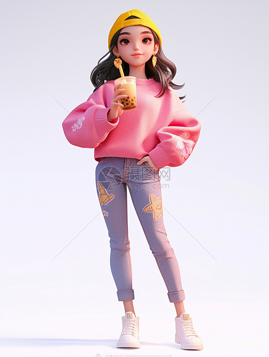 身穿粉色上衣蓝色牛仔裤手拿奶茶的卡通女青年图片