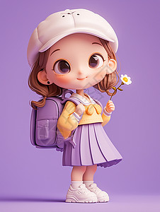 可爱的卡通人物穿着半身裙背着书包的立体可爱小女孩插画