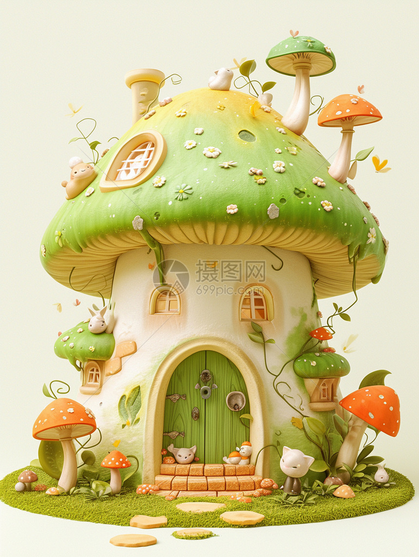 有绿色木门的卡通蘑菇屋图片